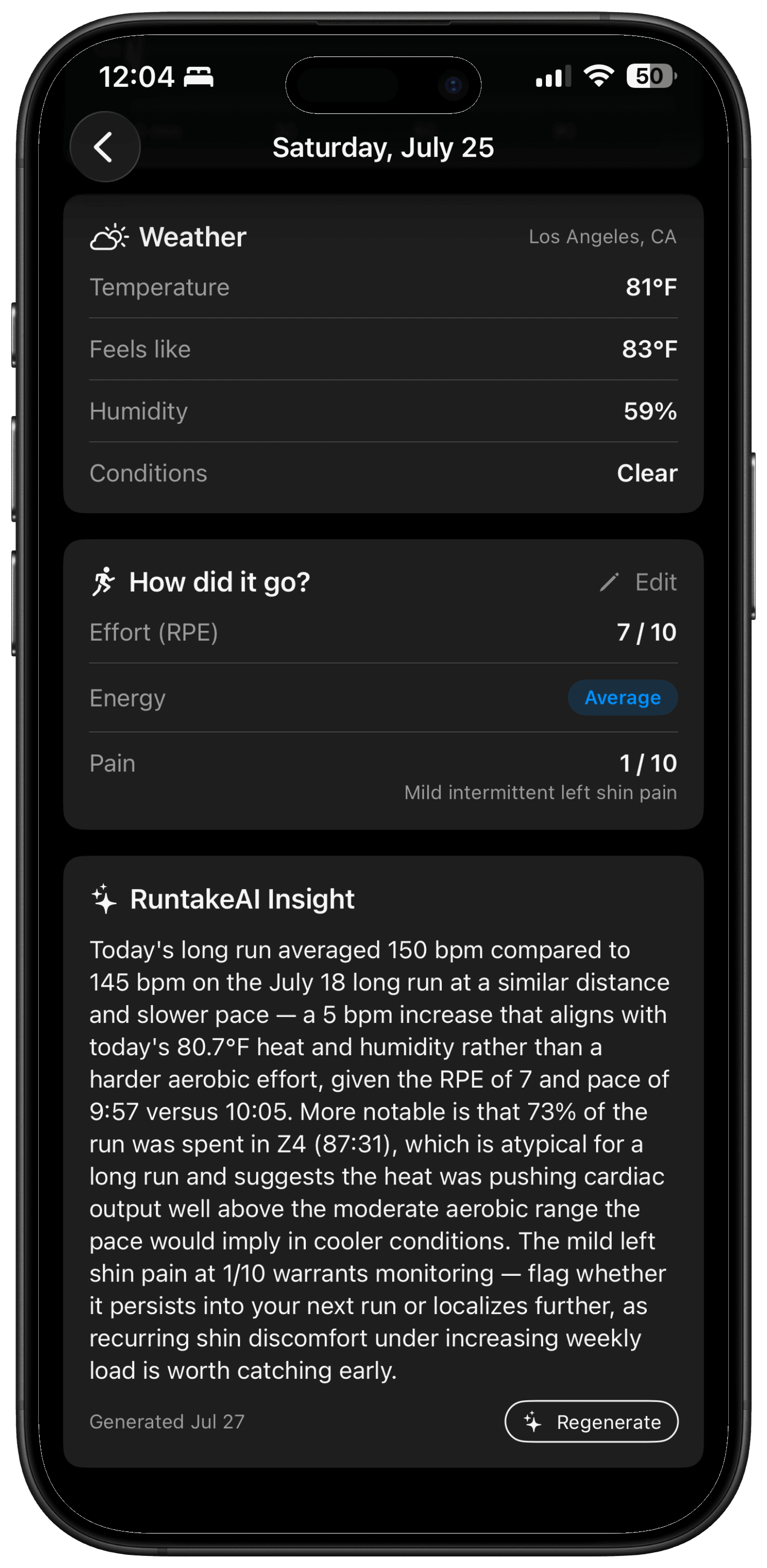 A Runtake AI insight on a completed run.