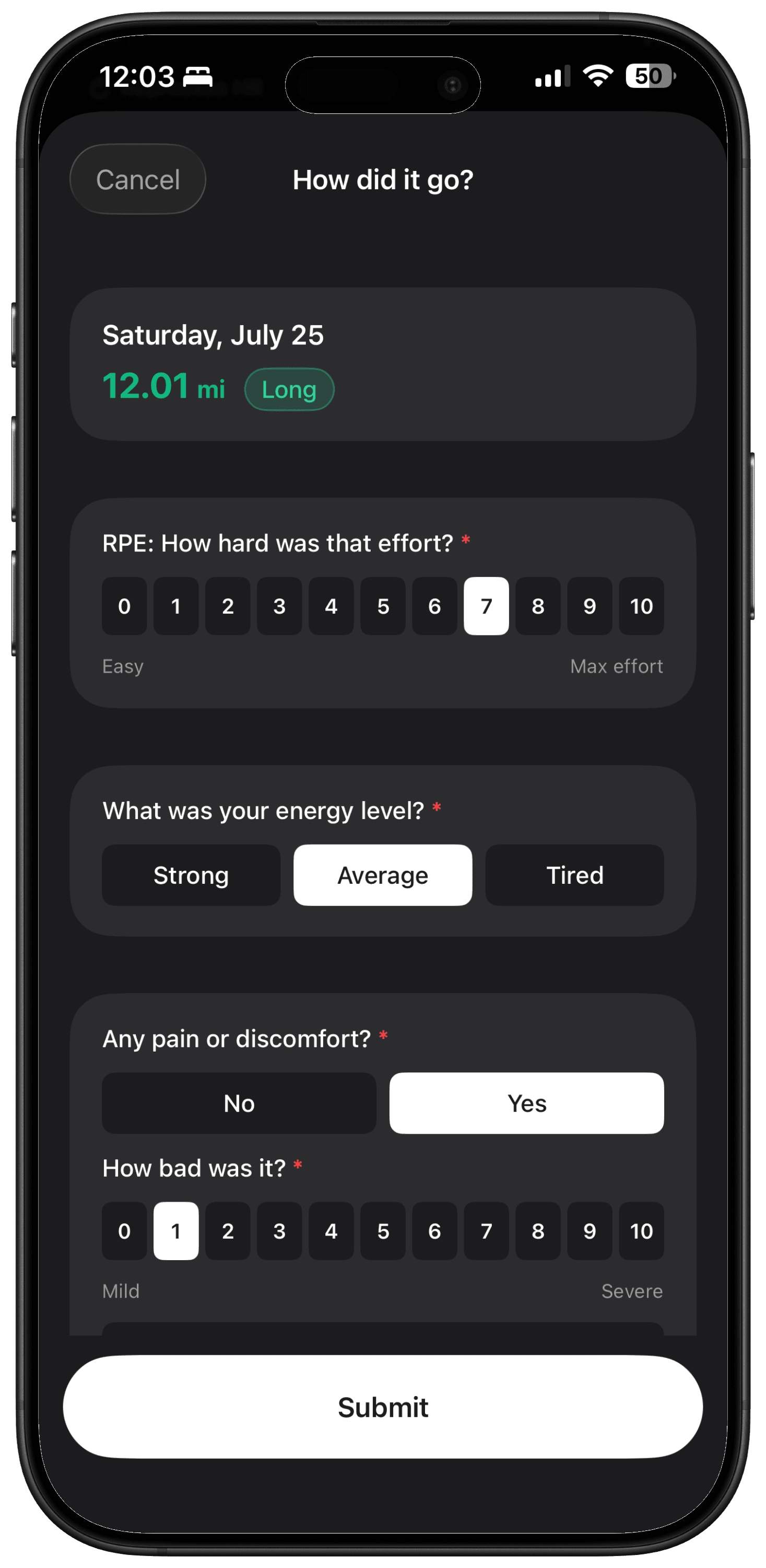 The post-run survey asking how the run felt.