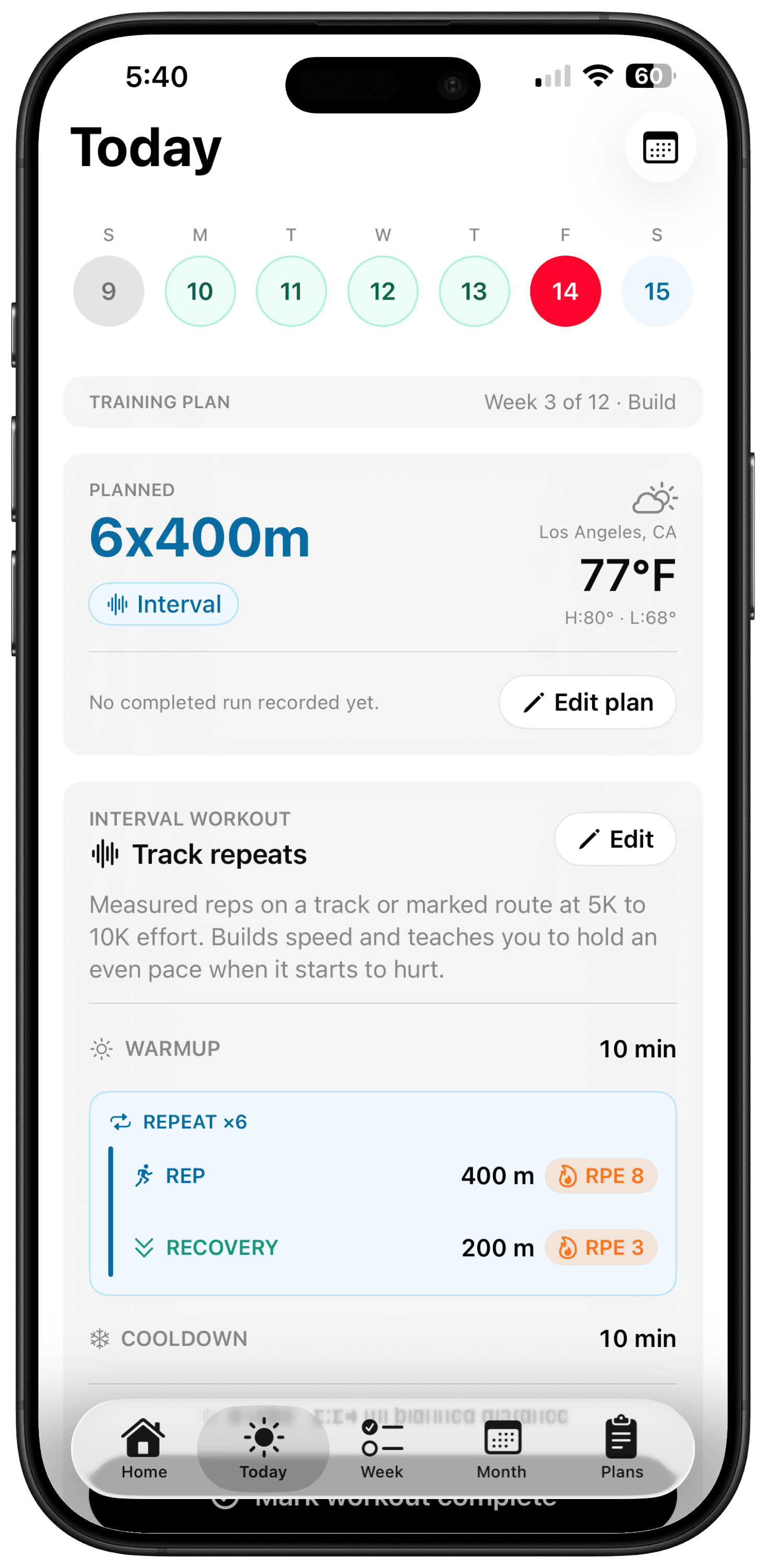 The same account on iPhone, showing an interval workout for today.