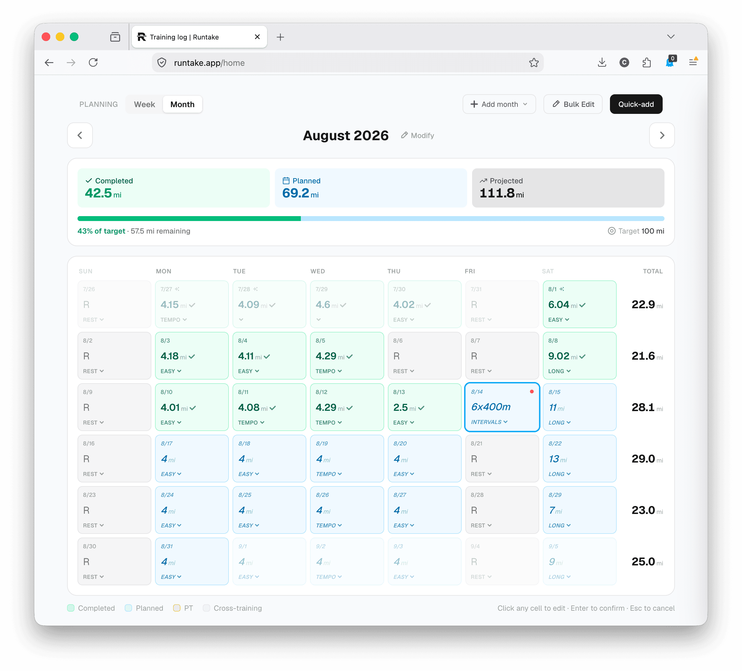 The Runtake training log in a browser, showing a month of planned and completed runs.