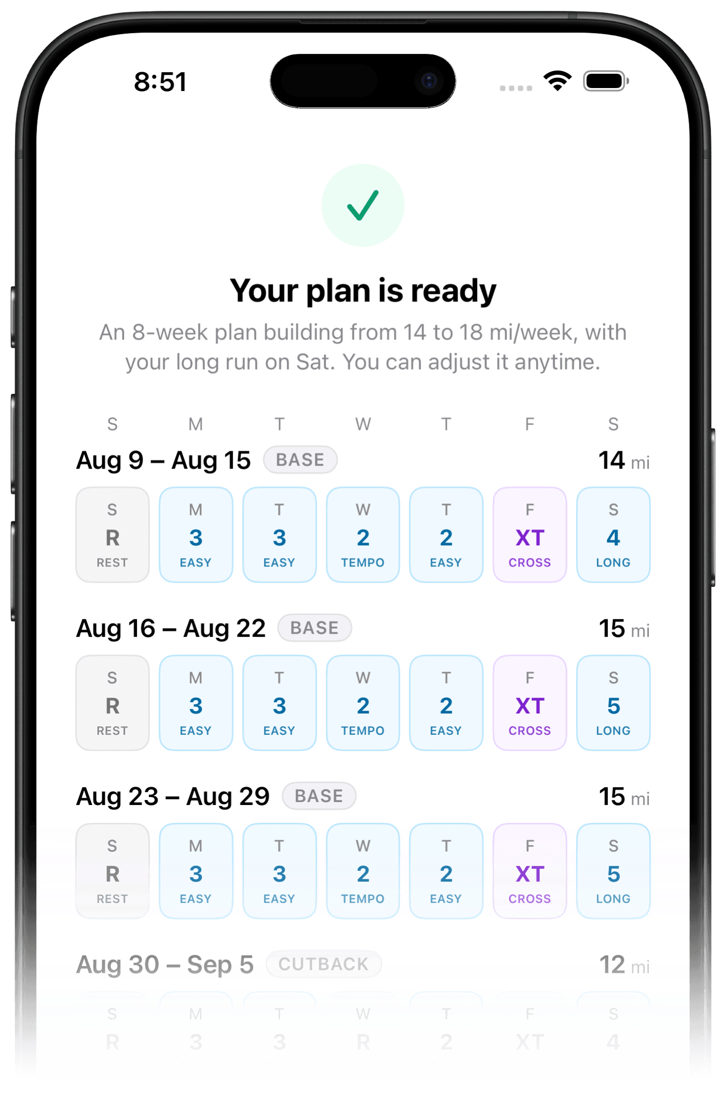 A generated Runtake training plan on iPhone, week by week.